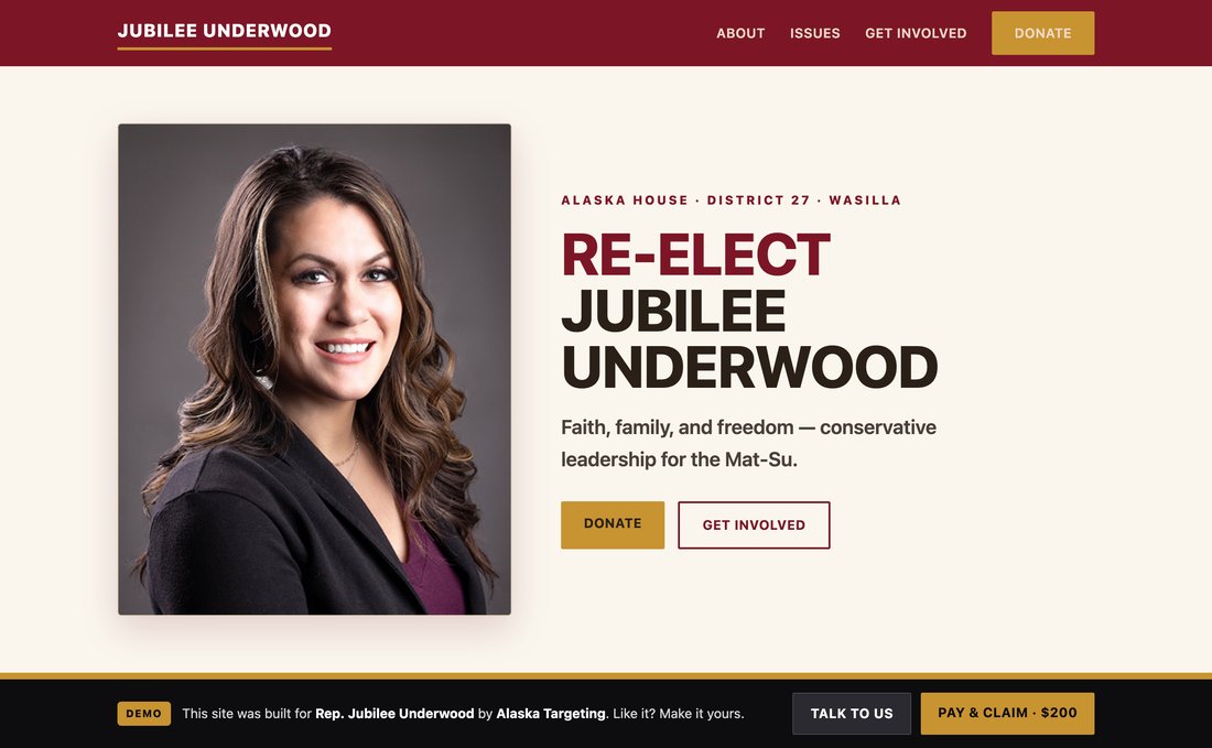 Preview of the Jubilee Underwood campaign website